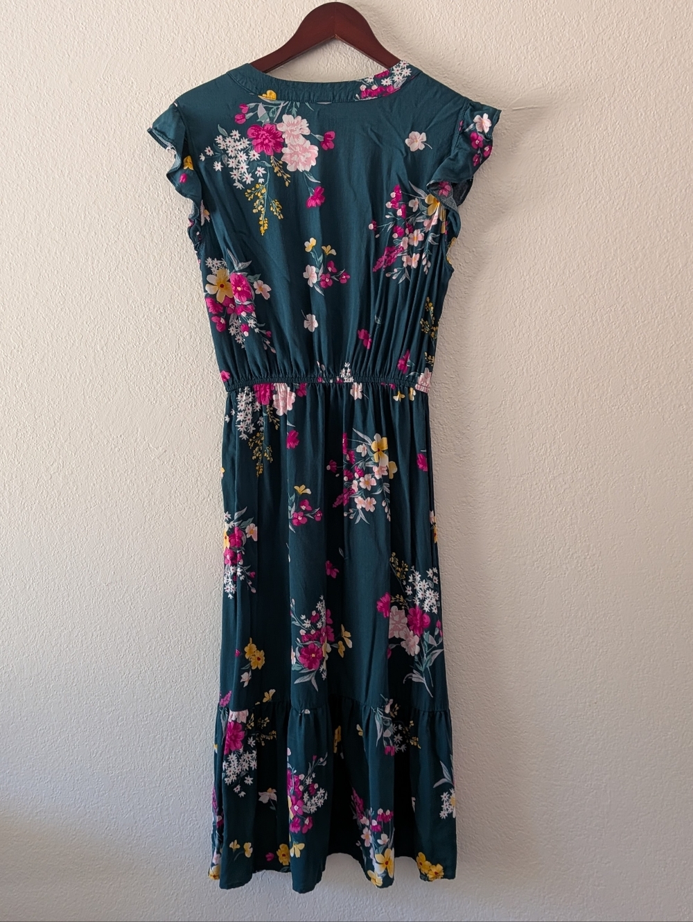 Old Navy Green Pink Floral Ruffle Sleeve Midi Dress Size Small - Picture 8 of 13